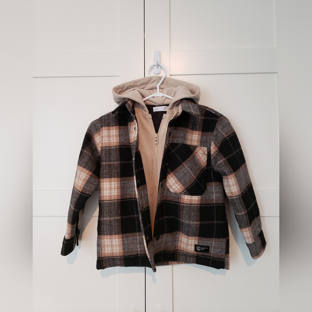 BNWT Zara Kids Plaid Zip Shacket Hoodie